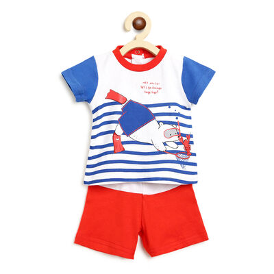 Boys White & Blue Printed 2 Pc Set T-shirt with Short Trousers